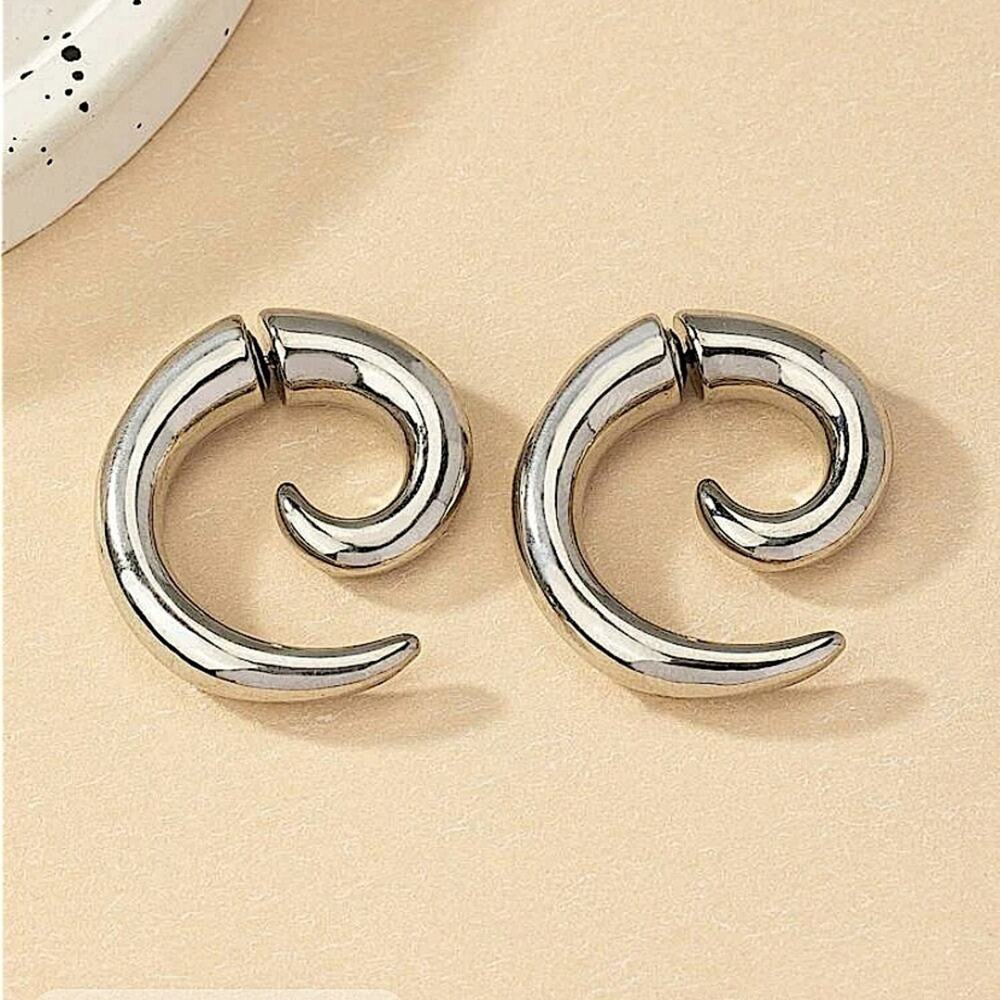 Silver Minimalist Cuff Hoop Earrings, Stud, Punk, Spiral - Picture 4 of 5